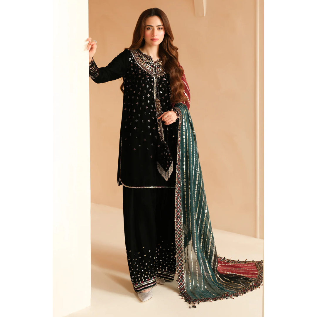 3 Piece- Embroidered Velvet Suit-VTXANF41