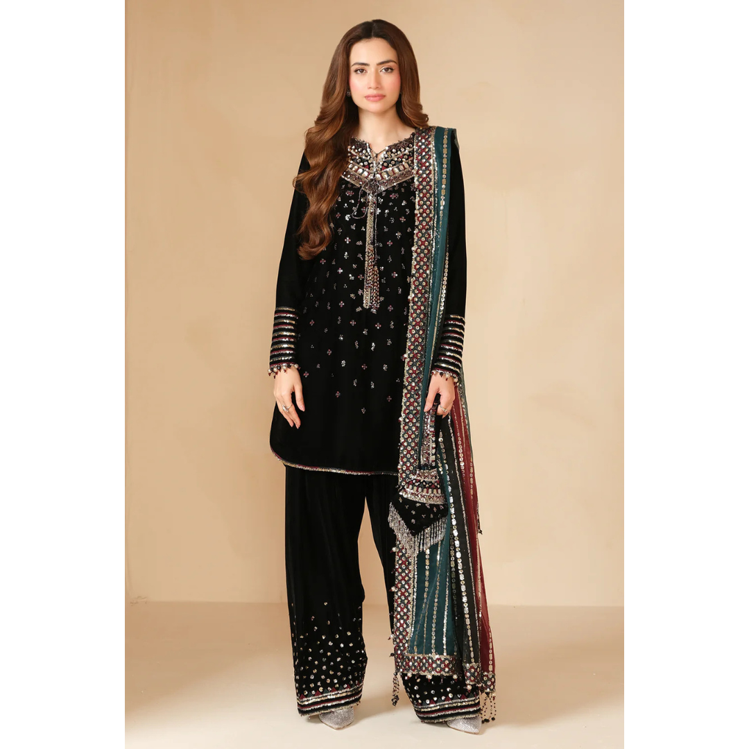 3 Piece- Embroidered Velvet Suit-VTXANF41