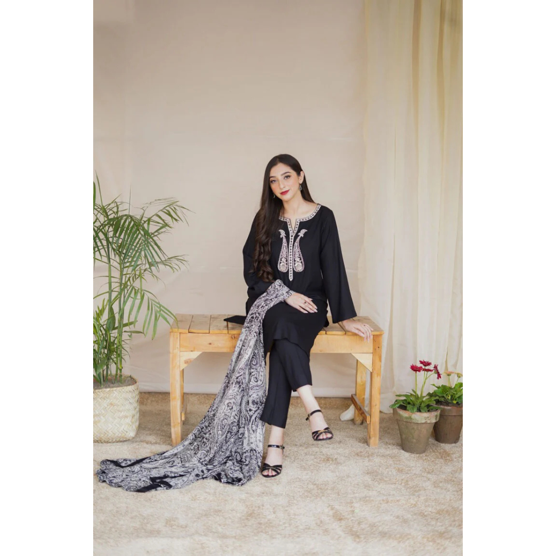 3 Piece – Unstitched Embroidered Dhanak Suit – AHXANF99