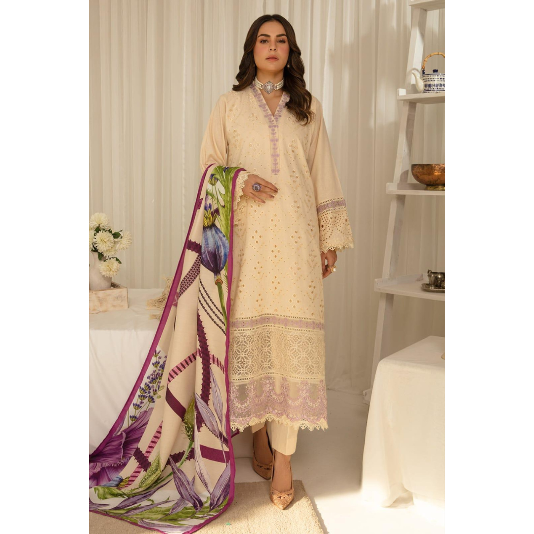 3 Piece – Unstitched Embroidered Dhanak Suit – BGC65001