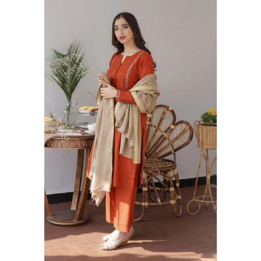 3 Piece – Unstitched Embroidered Dhanak Suit – AHXANF81