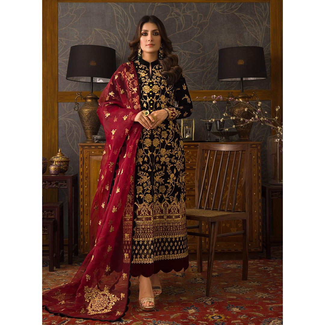 3 Piece- Silk Embroidered Suit-VTXANF62