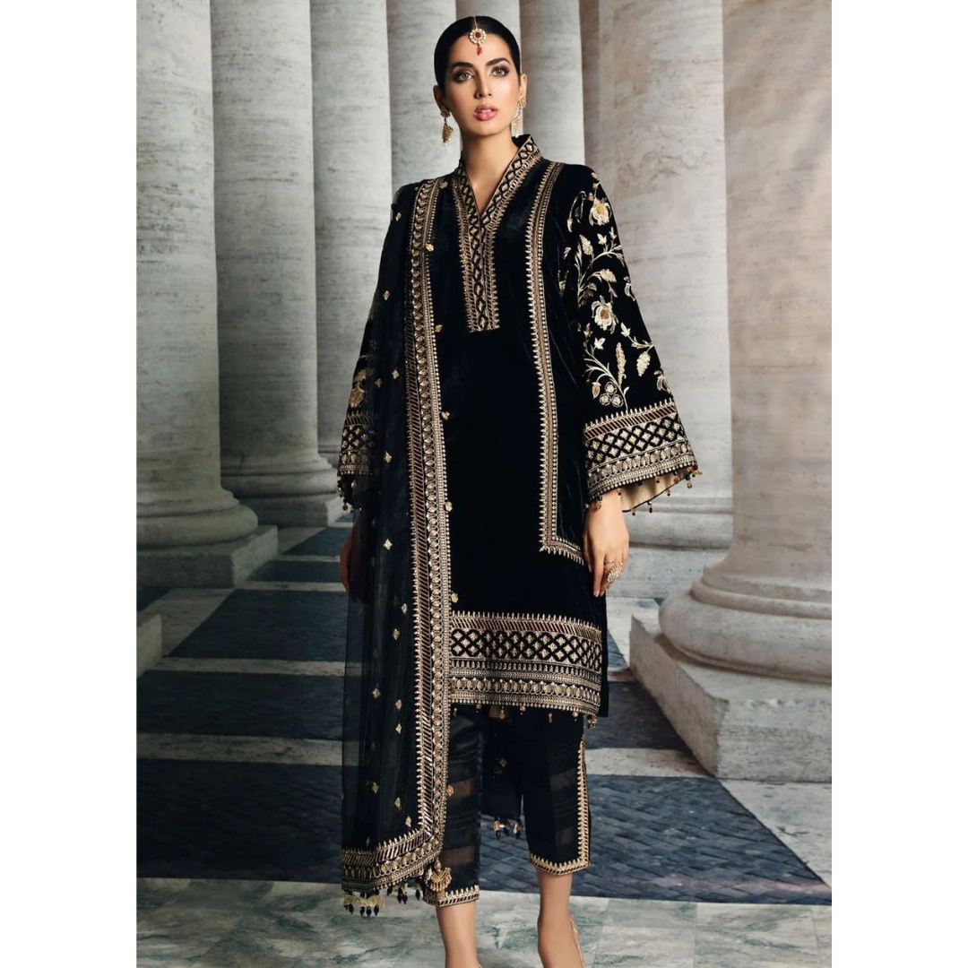 3 Piece- Velvet Embroidered Suit-ZE979045