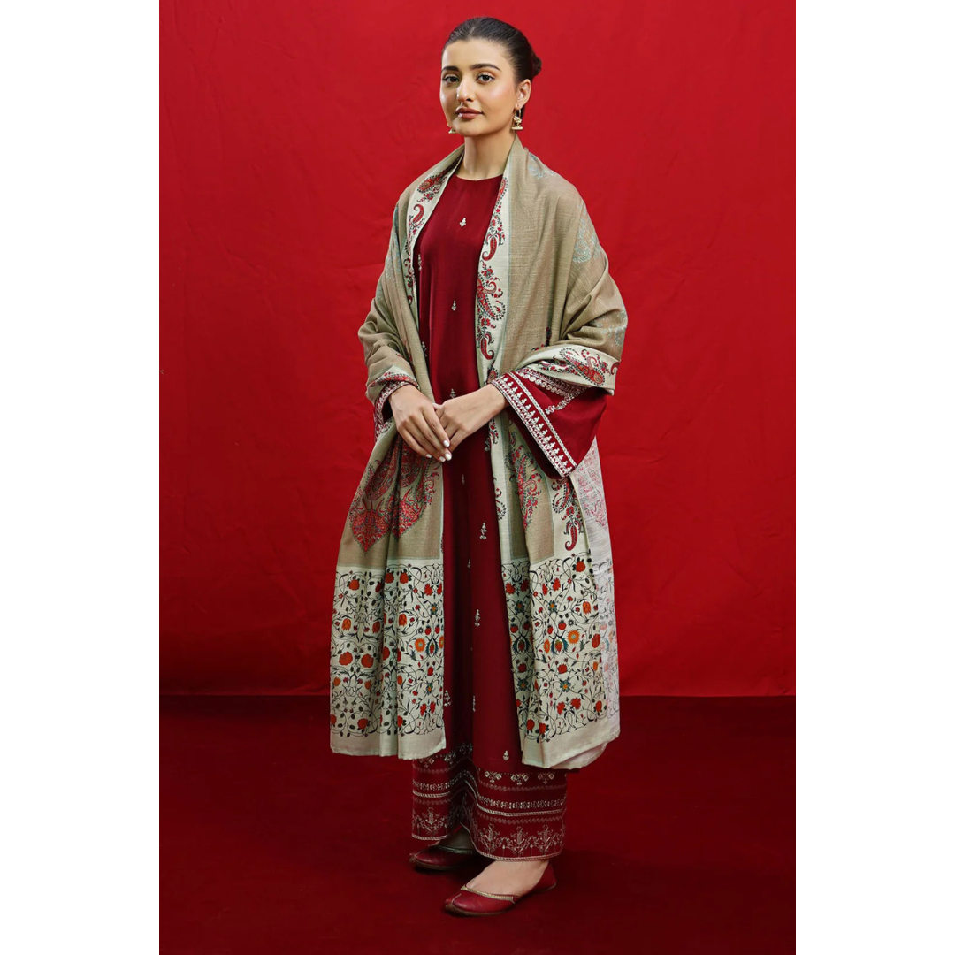 3 Piece – Unstitched Embroidered Dhanak Suit – VTXANF76