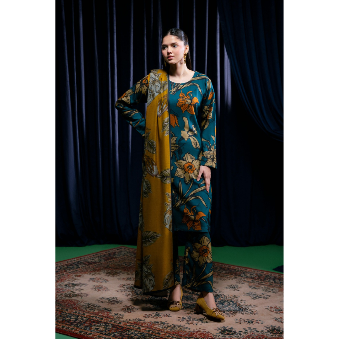 3 Piece – Unstitched Printed Dhanak Suit – DVF589500011