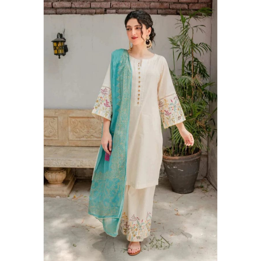 3 Piece – Unstitched Embroidered Dhanak Suit – AHXANF78