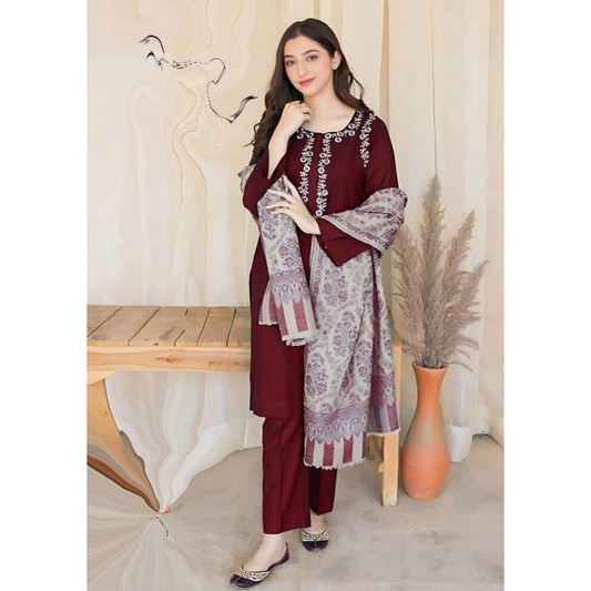 3 Piece – Unstitched Embroidered Dhanak Suit – AHXANF71