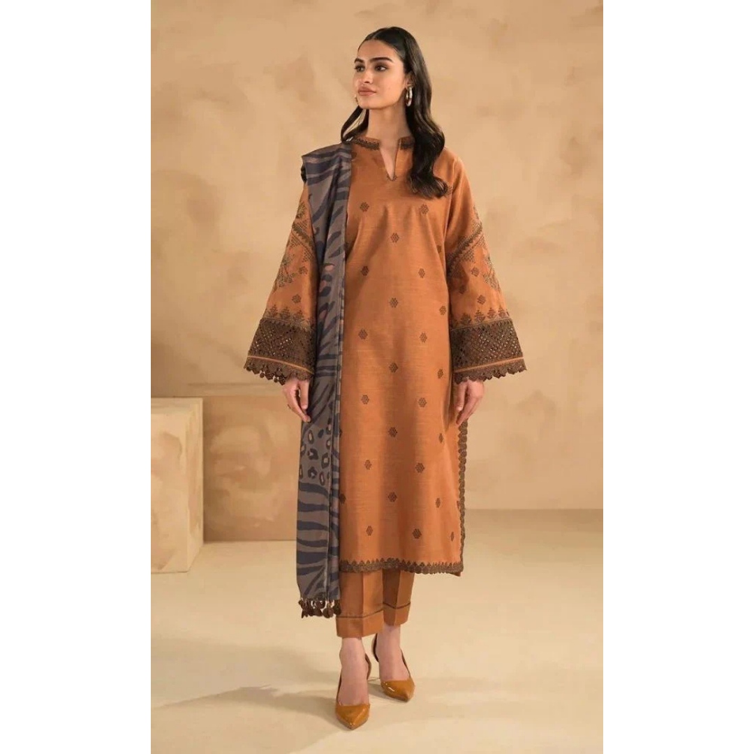 3 Piece – Unstitched Embroidered Dhanak Suit – AHXANF76