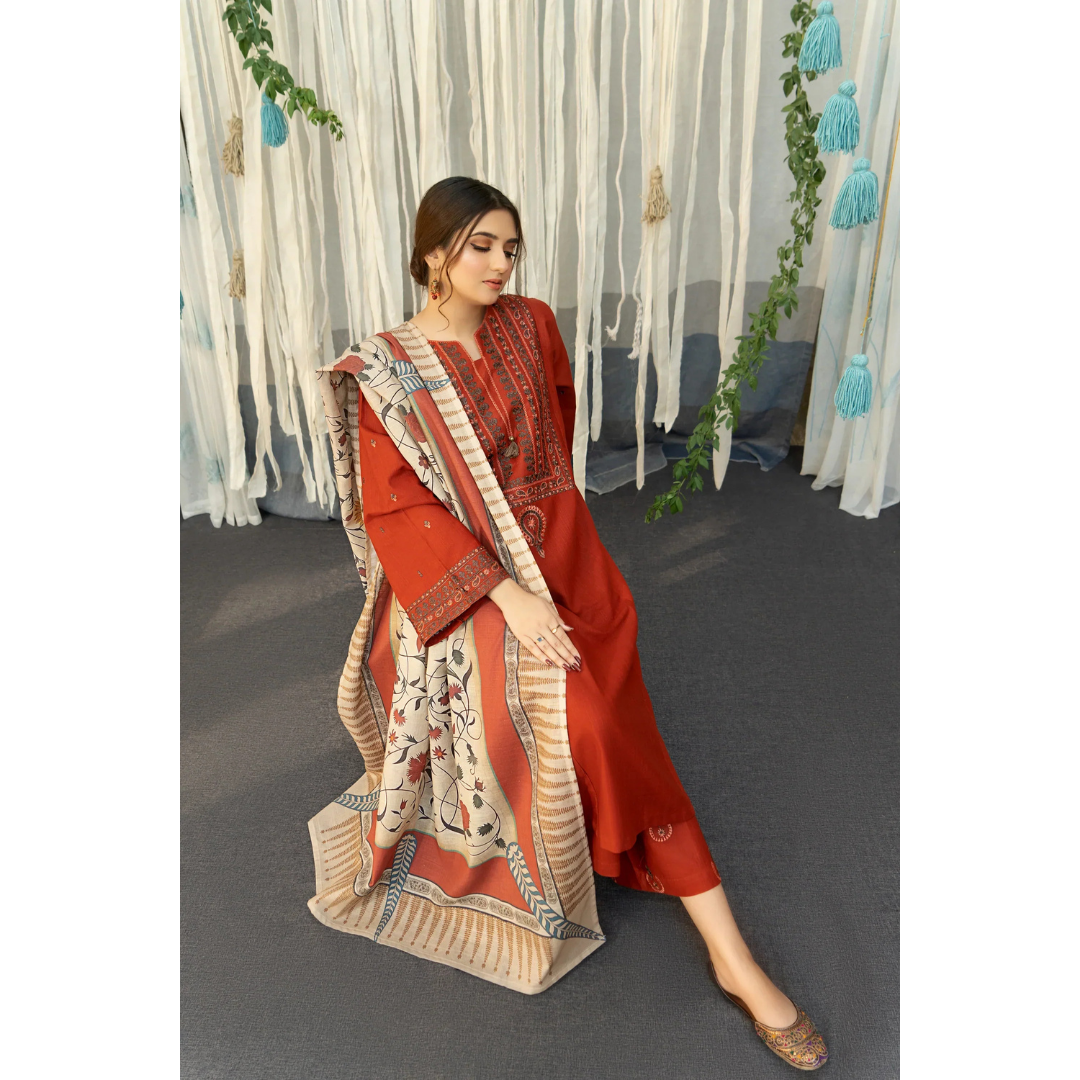 3 Piece – Unstitched Embroidered Dhanak Suit – AHXANF69