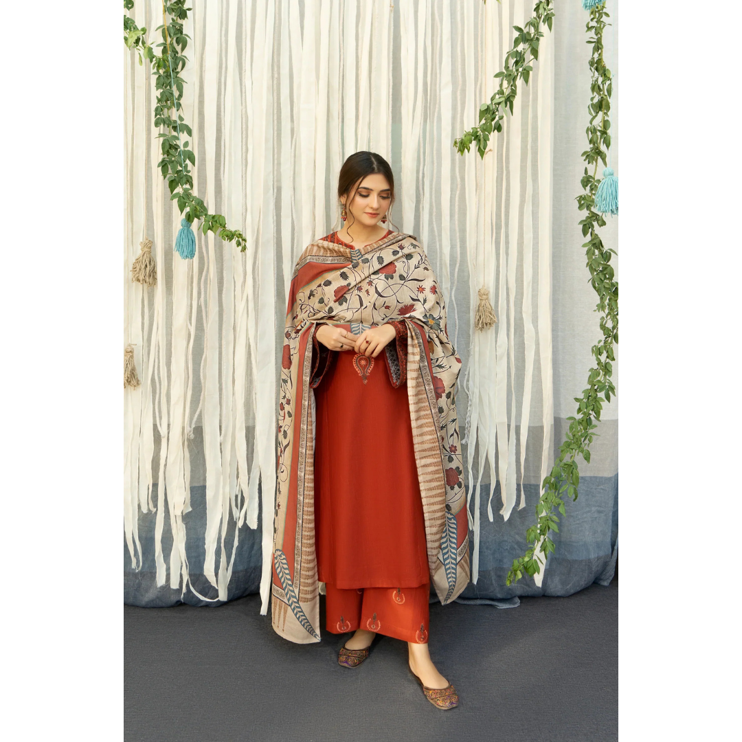 3 Piece – Unstitched Embroidered Dhanak Suit – AHXANF69