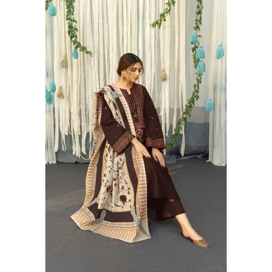 3 Piece – Unstitched Embroidered Dhanak Suit – AHXANF70