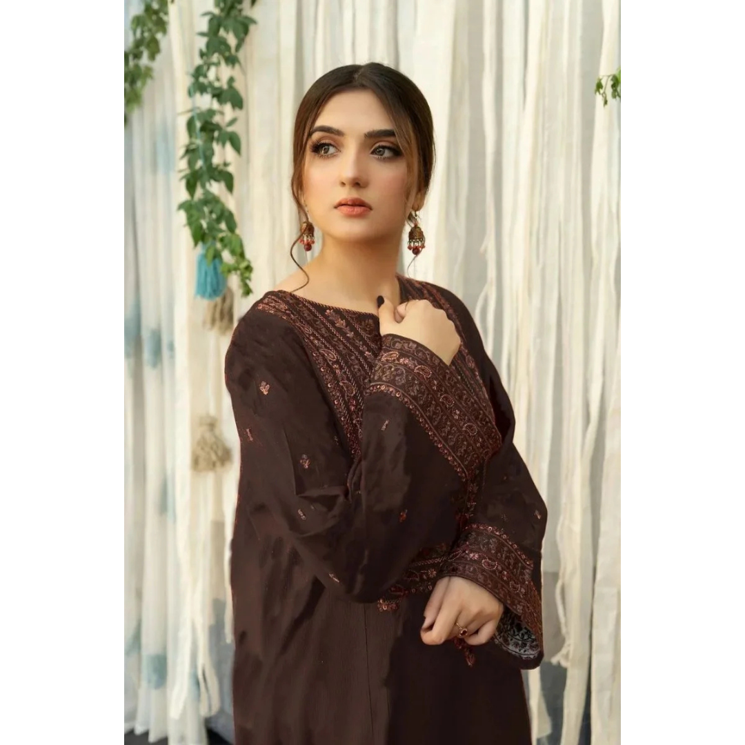 3 Piece – Unstitched Embroidered Dhanak Suit – AHXANF70