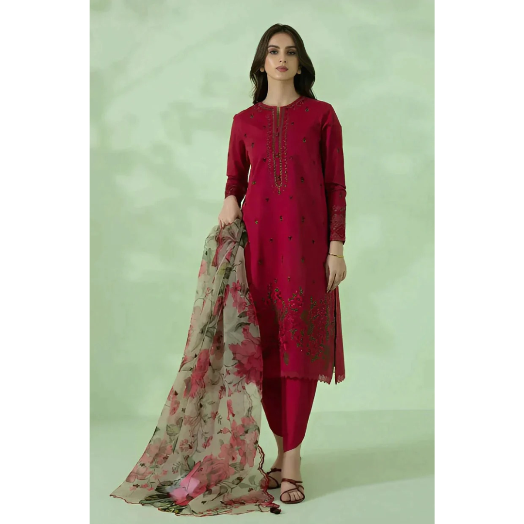 3 Piece – Unstitched Embroidered Dhanak Suit – VFT65005